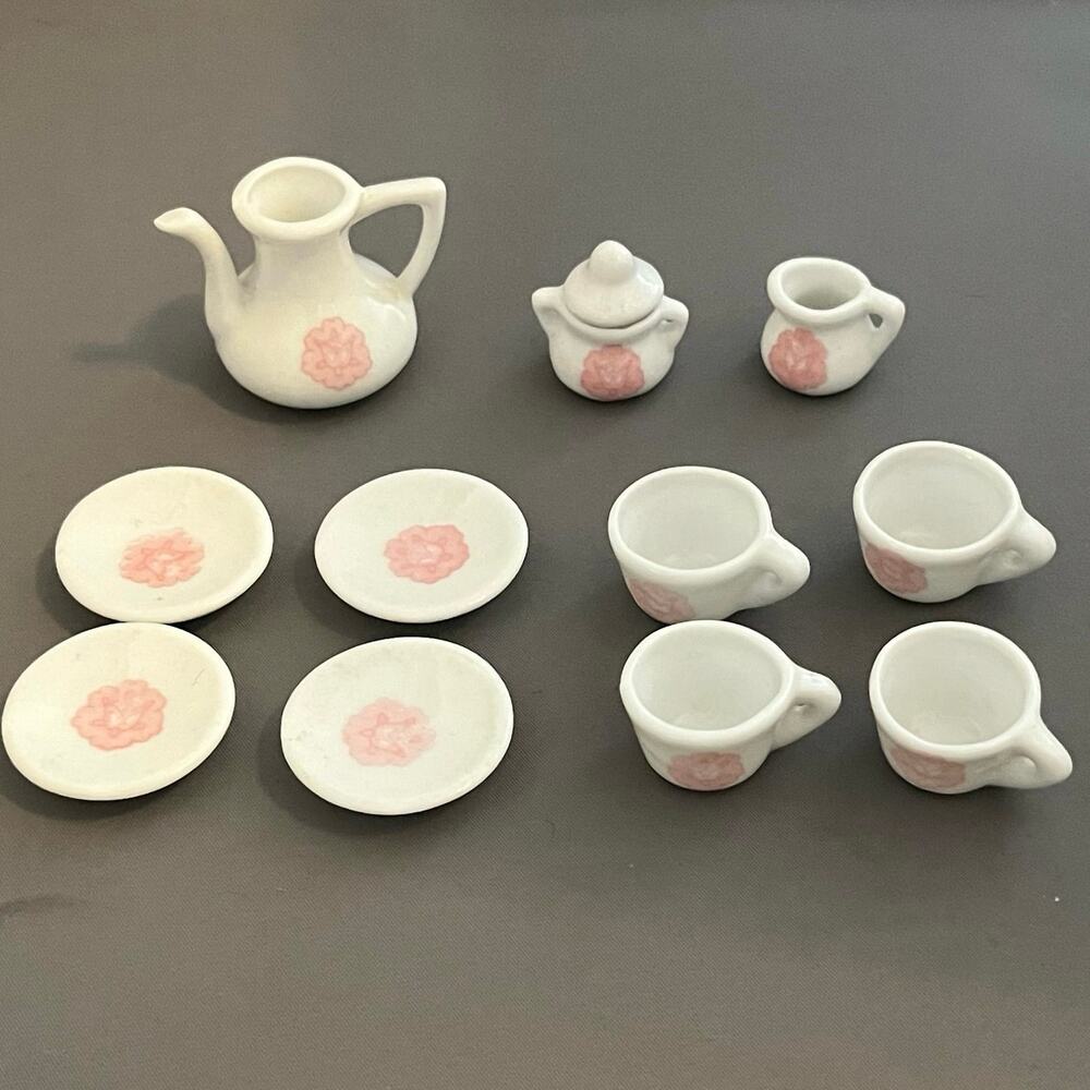 Dollhouse Accessories White Pink Floral‎ Tea Set Cups Plates Sugar Creamer Pot